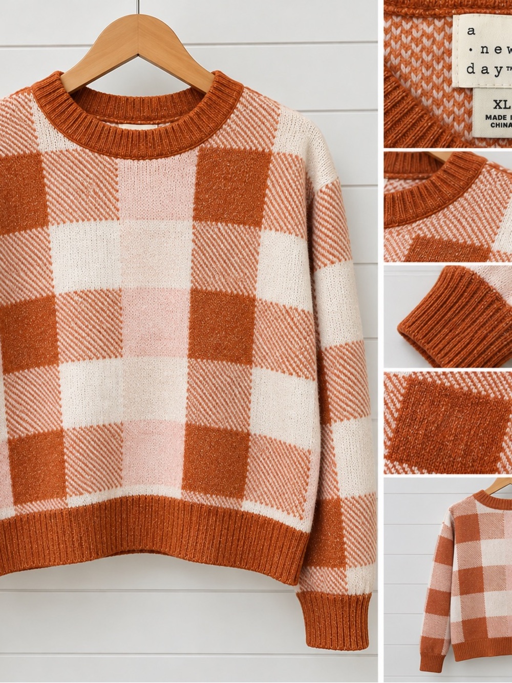 a new day Copper & Cream Plaid Crewneck Sweater